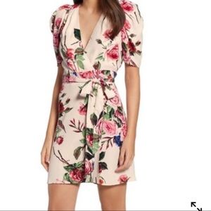 AFRM Floral Wrap Tie Dress beach coverup XS puff shoulder pink rose